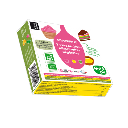 Assortiment de 3 colorants alimentaires en poudre BIO d'origine végétale.